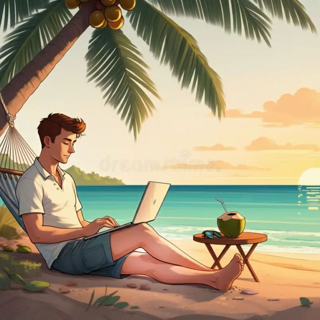 Young man is working remotely under a palm tree
