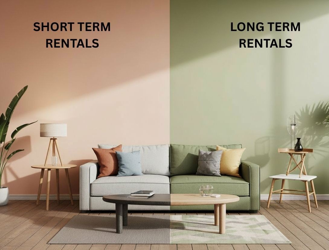 Comparison of two minimalistic sitting rooms.